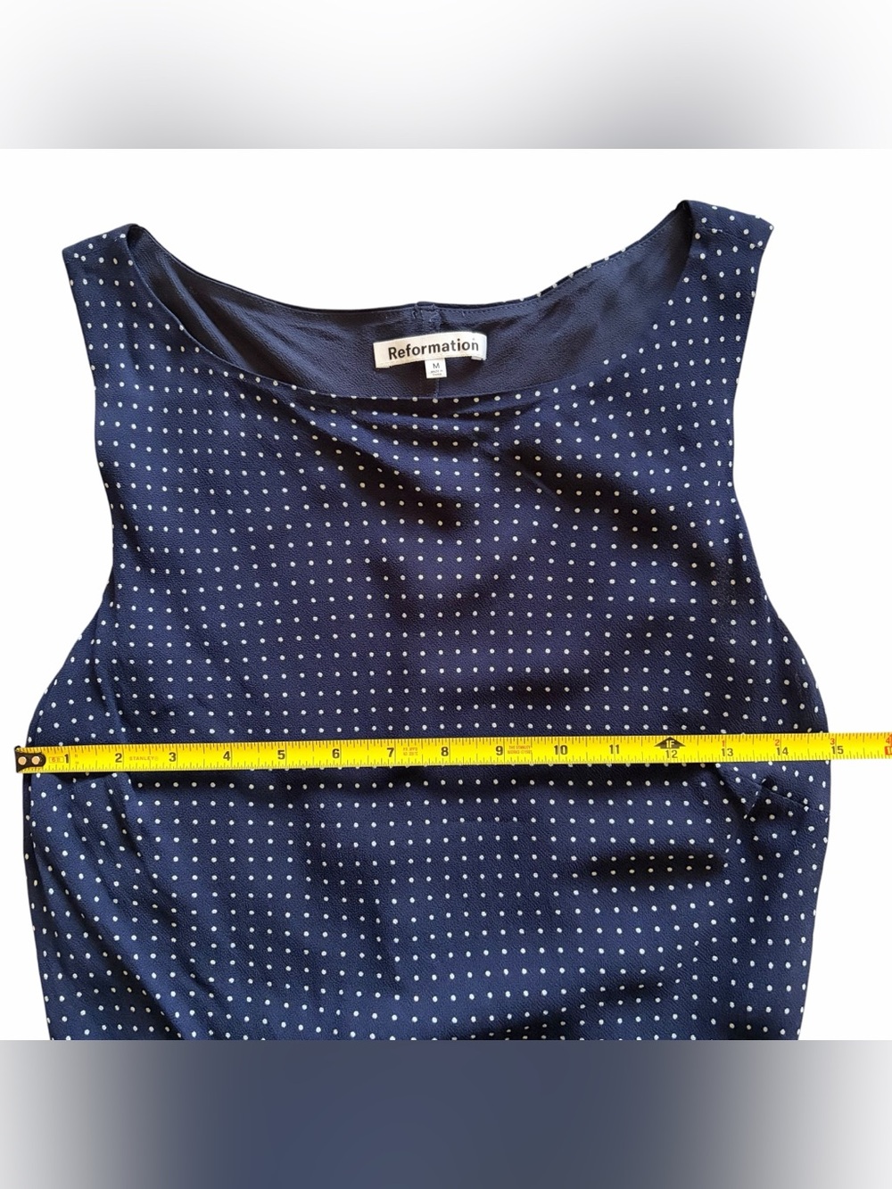 Reformation Topanga Navy Blue w/ white Polka dots Romantic Feminine Midi Dress M - Picture 8 of 11